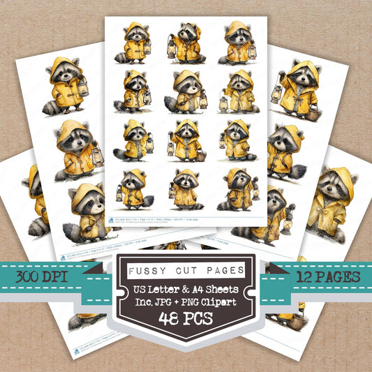 Watercolour Raccoon Lantern fussy cut printable sheets for junk journaling, scrapbooking, and paper craft projects