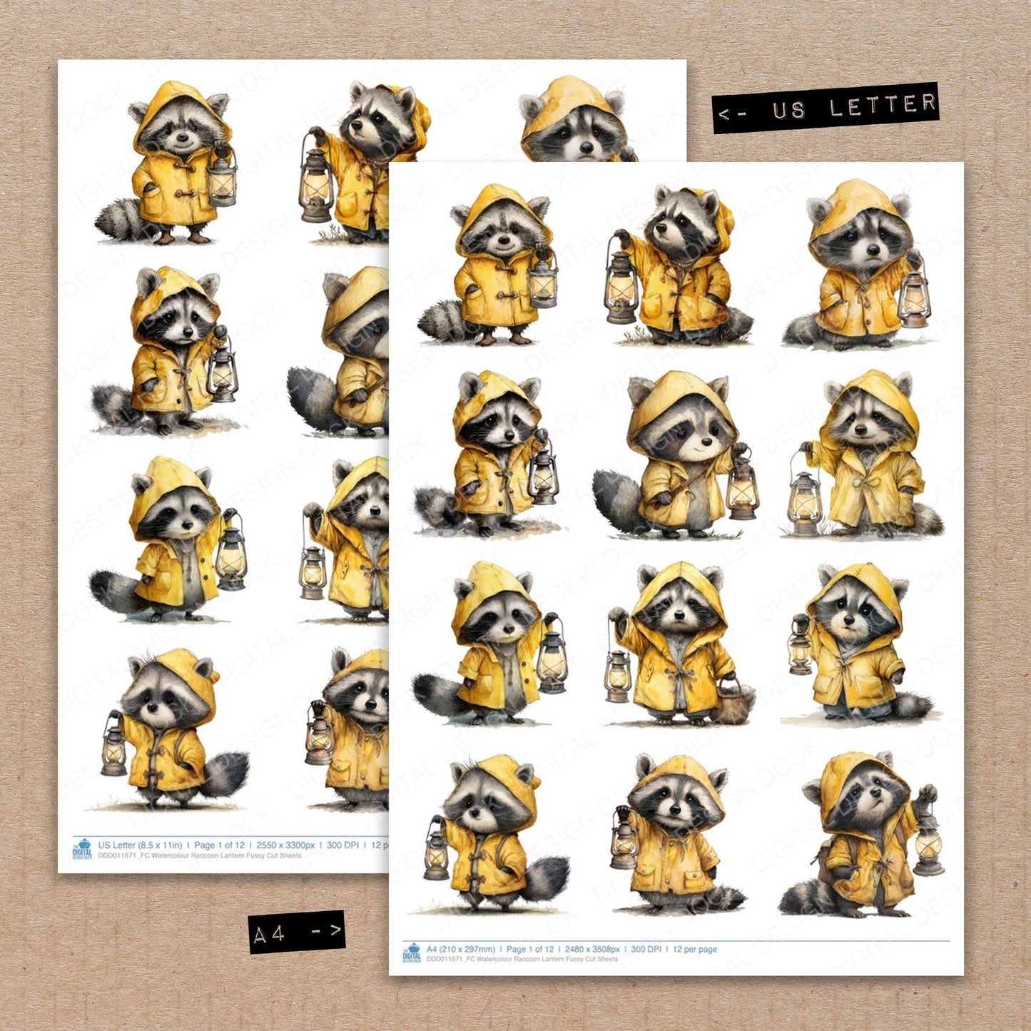 A4 and US Letter format comparison showing Watercolour Raccoon Lantern fussy cut pages for print and cut crafting