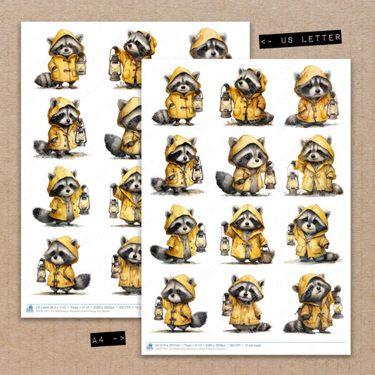 A4 and US Letter format comparison showing Watercolour Raccoon Lantern fussy cut pages for print and cut crafting