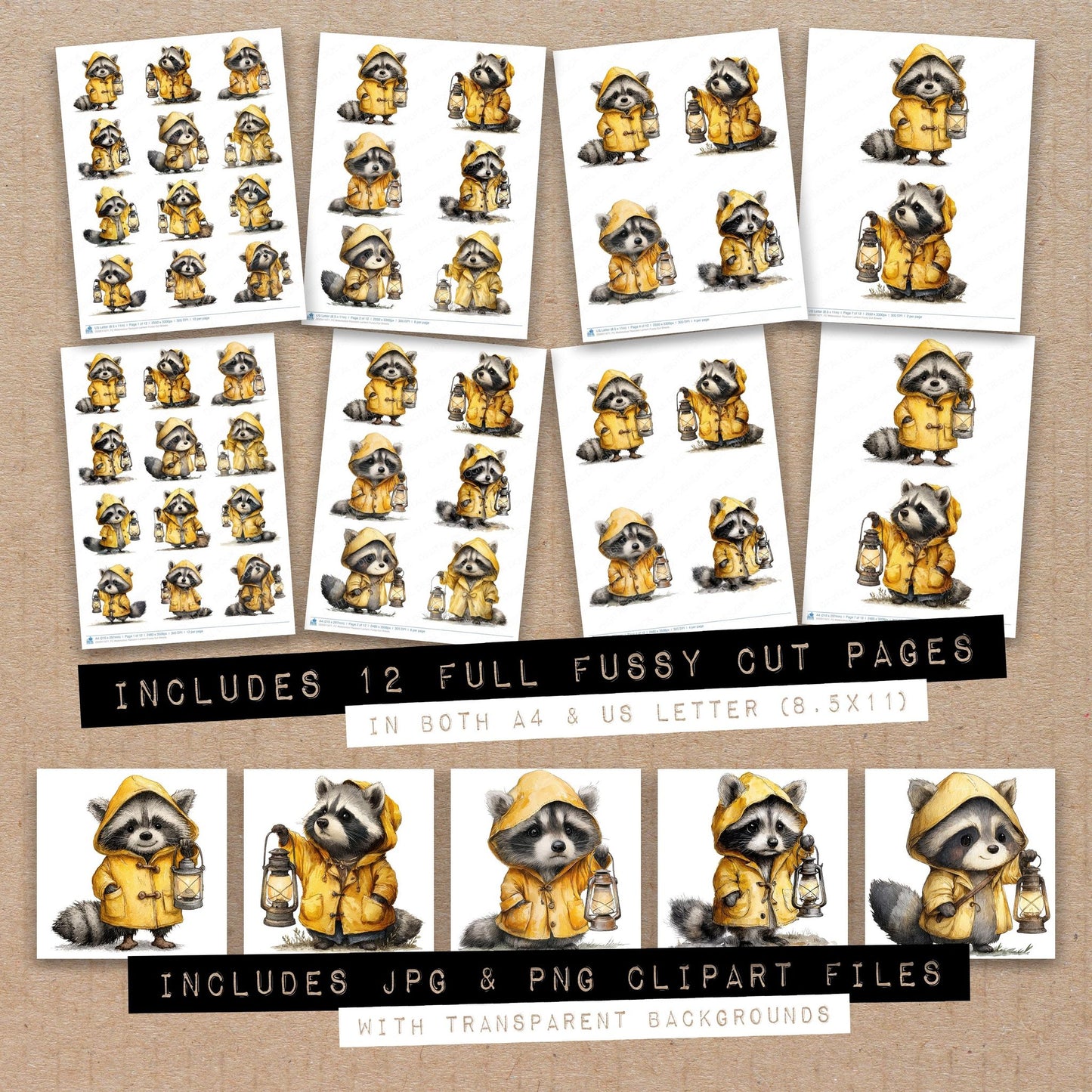 Full collection view of Watercolour Raccoon Lantern fussy cut sheets with bonus clipart JPG and PNG files