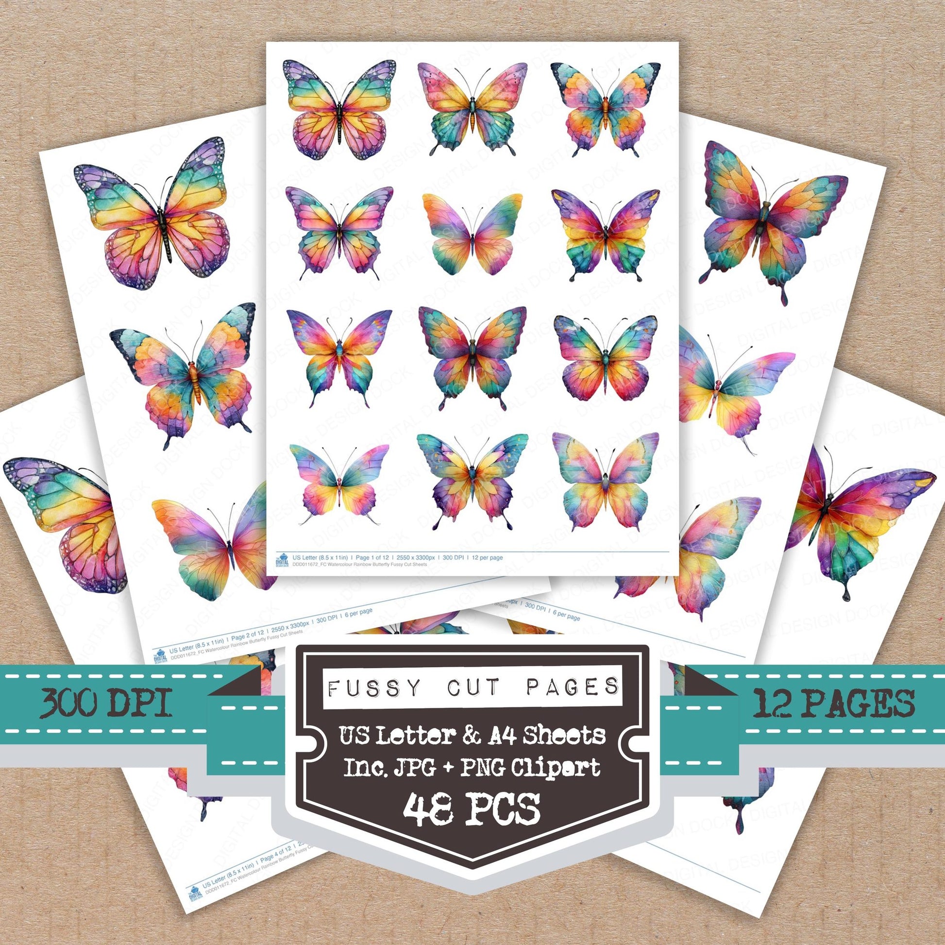 Watercolour Rainbow Butterfly fussy cut printable sheets for junk journaling, scrapbooking, and paper craft projects