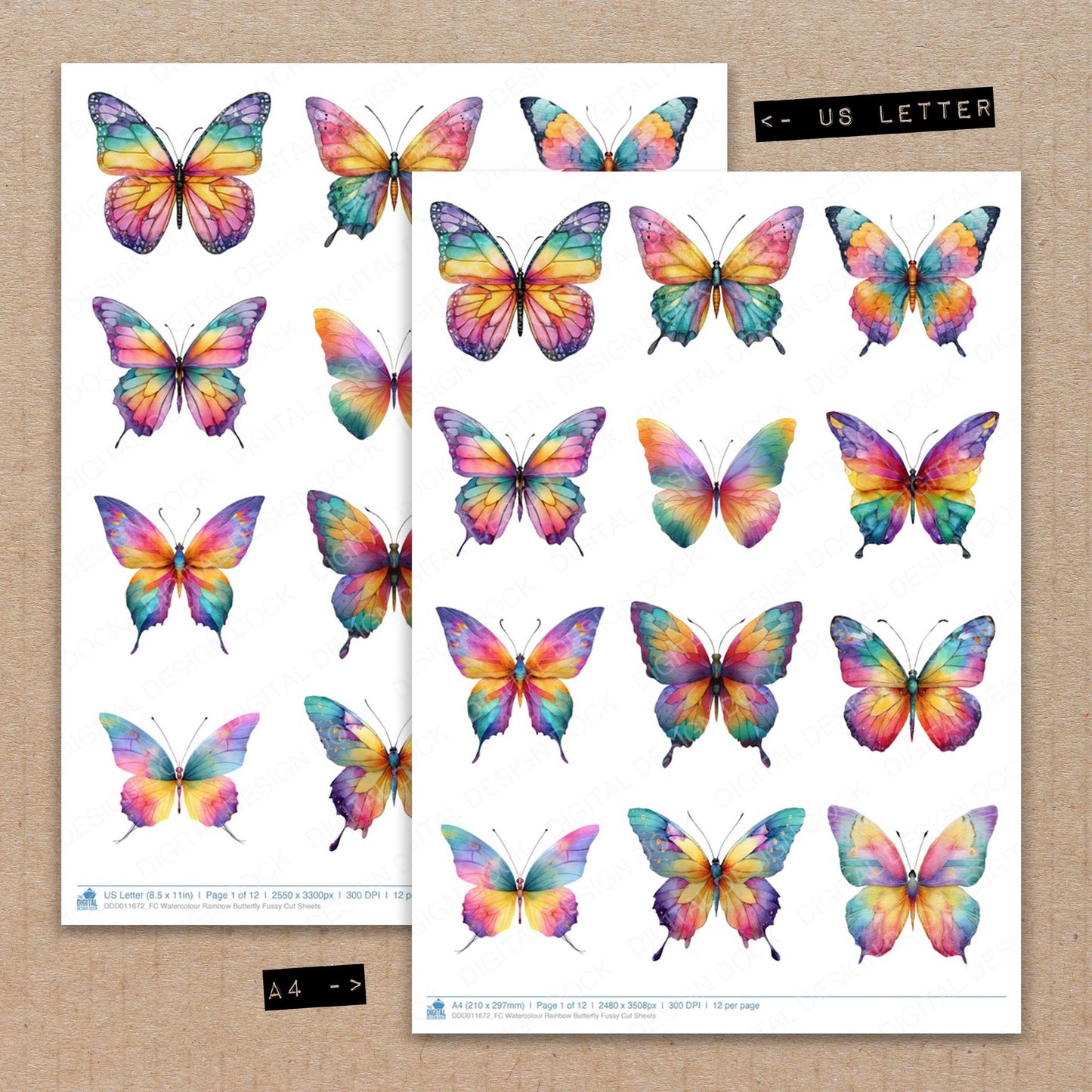 A4 and US Letter format comparison showing Watercolour Rainbow Butterfly fussy cut pages for print and cut crafting