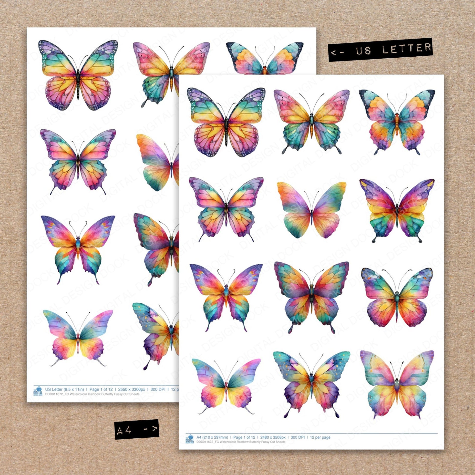A4 and US Letter format comparison showing Watercolour Rainbow Butterfly fussy cut pages for print and cut crafting