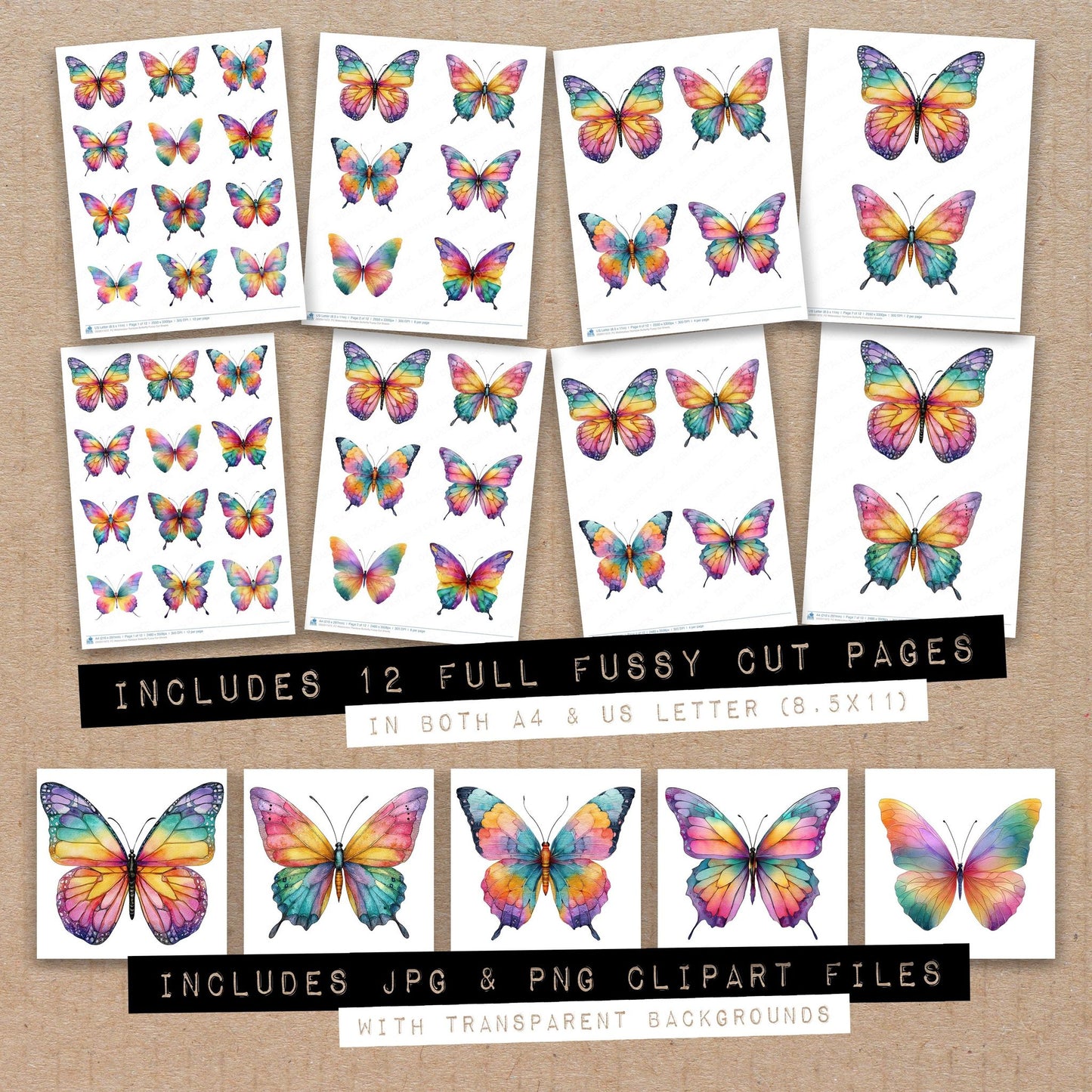 Full collection view of Watercolour Rainbow Butterfly fussy cut sheets with bonus clipart JPG and PNG files