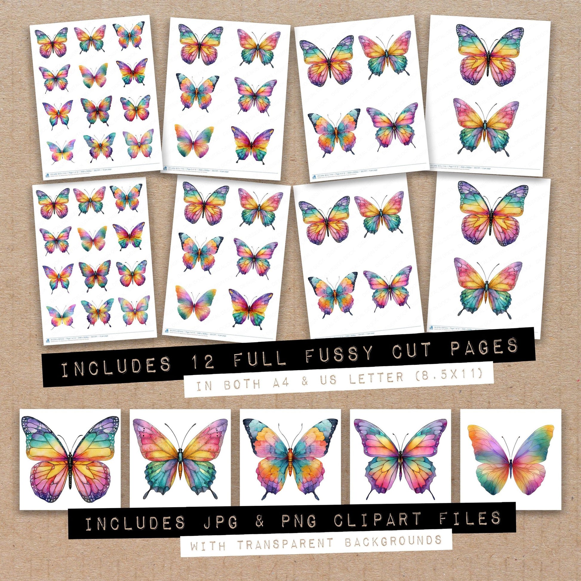 Full collection view of Watercolour Rainbow Butterfly fussy cut sheets with bonus clipart JPG and PNG files