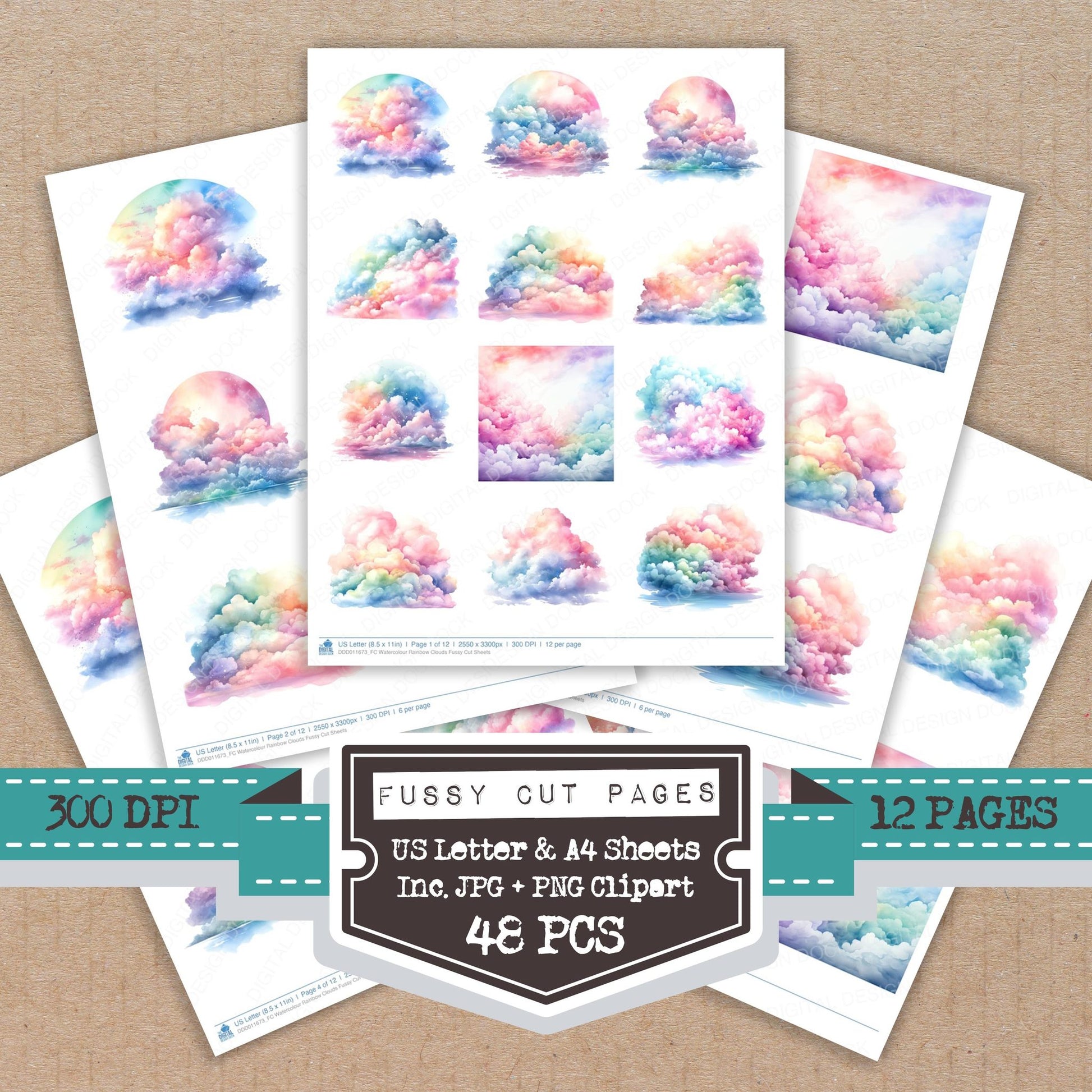 Watercolour Rainbow Clouds fussy cut printable sheets for junk journaling, scrapbooking, and paper craft projects