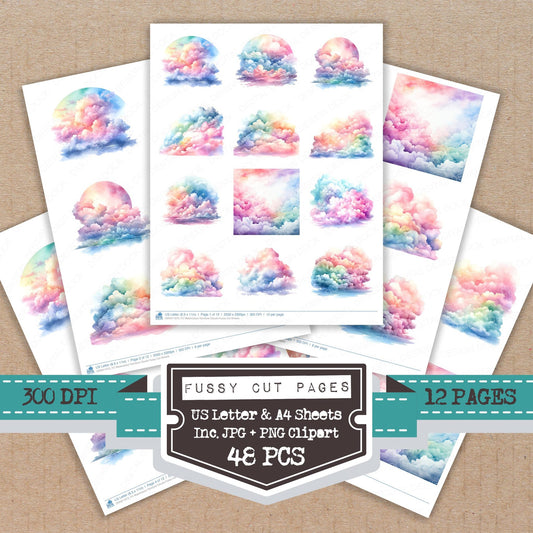Watercolour Rainbow Clouds fussy cut printable sheets for junk journaling, scrapbooking, and paper craft projects