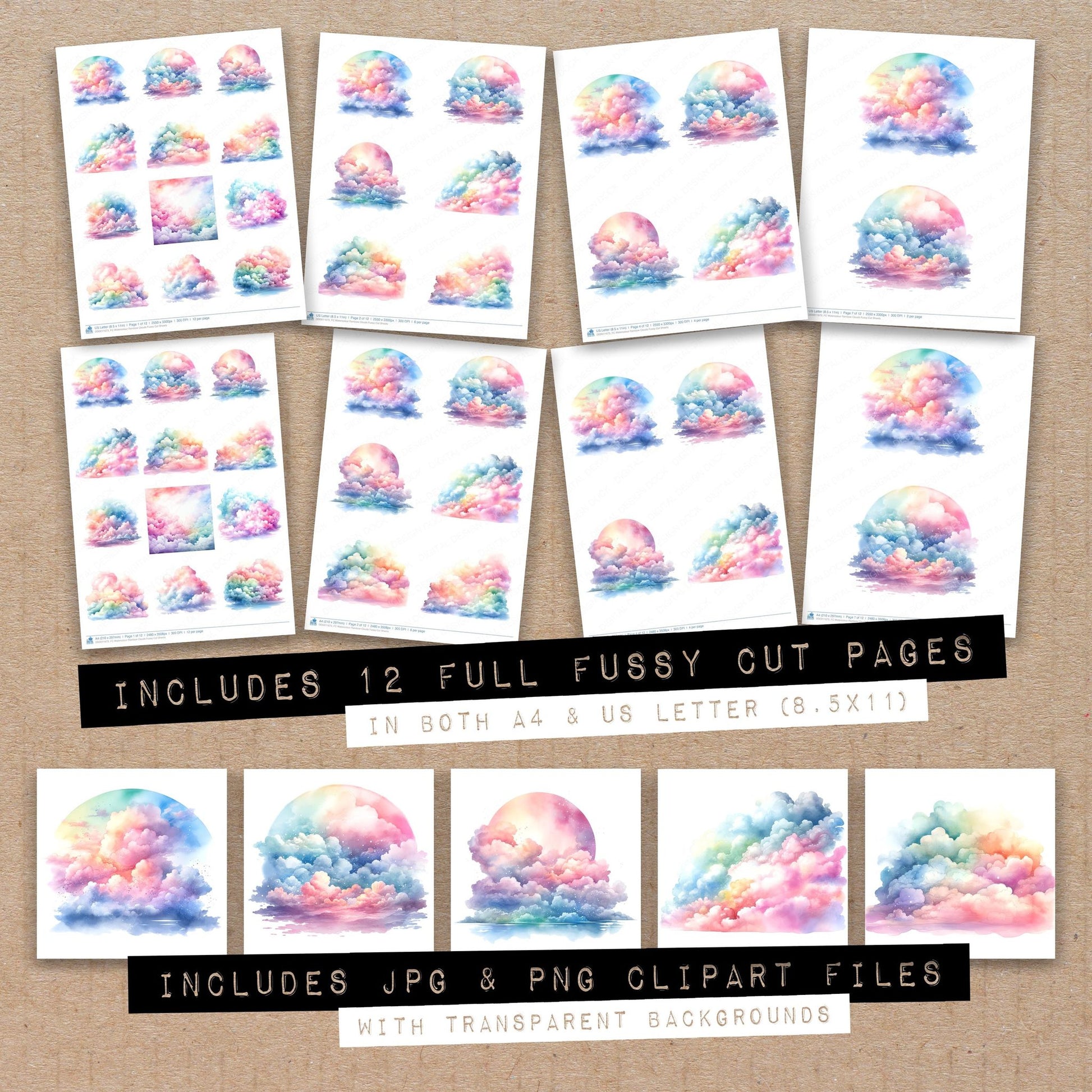 Full collection view of Watercolour Rainbow Clouds fussy cut sheets with bonus clipart JPG and PNG files