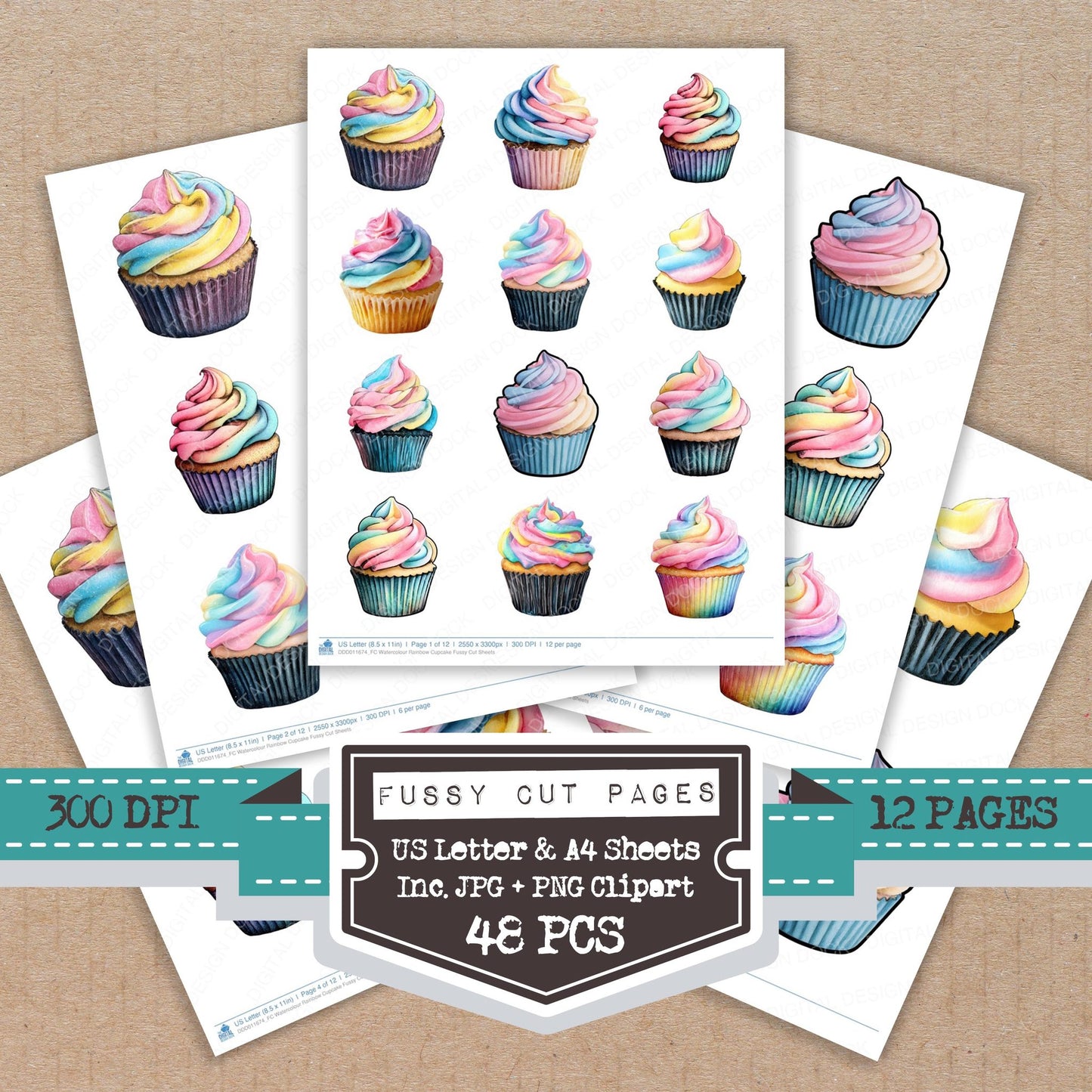 Watercolour Rainbow Cupcake fussy cut printable sheets for junk journaling, scrapbooking, and paper craft projects