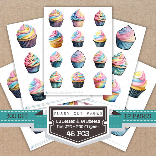 Watercolour Rainbow Cupcake fussy cut printable sheets for junk journaling, scrapbooking, and paper craft projects