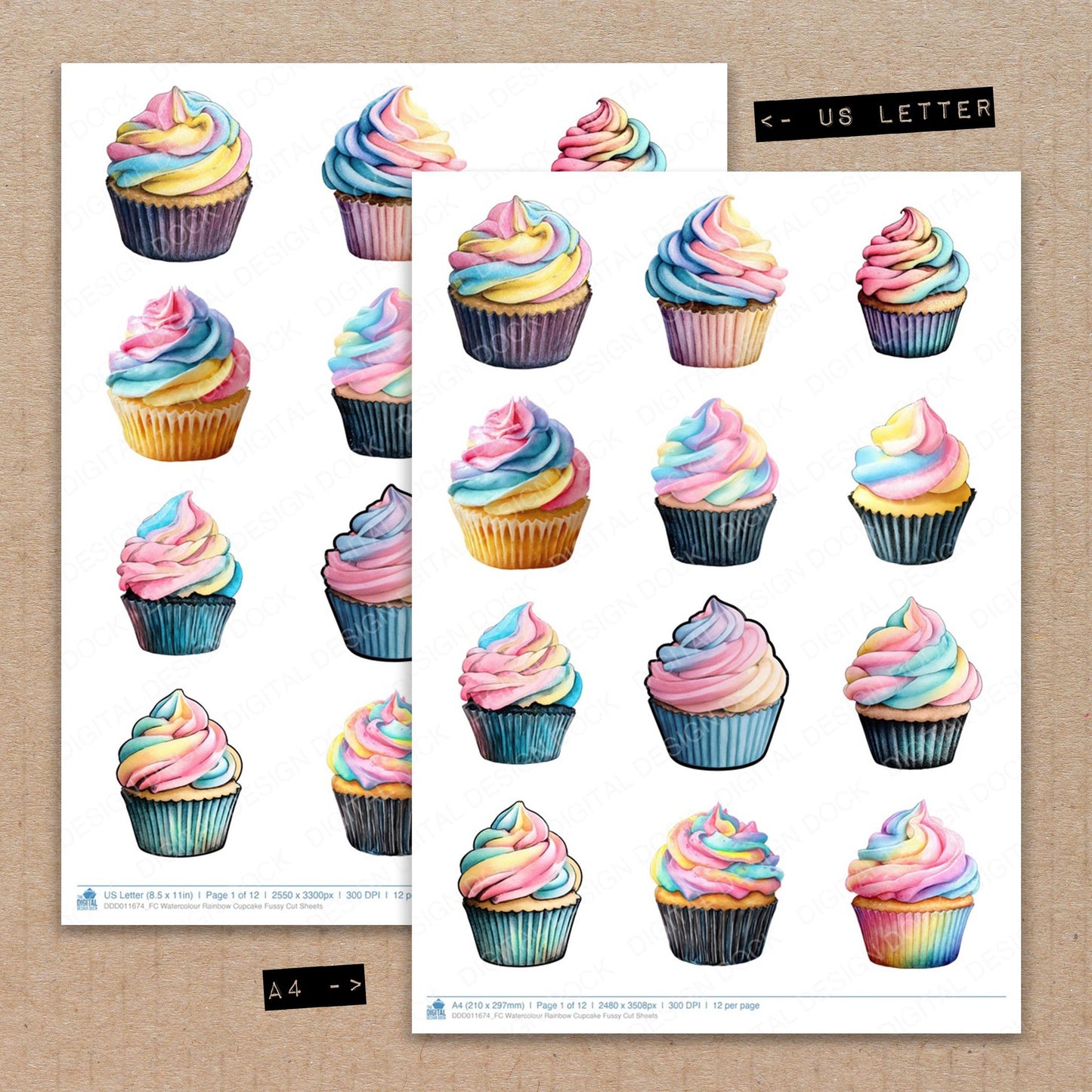 A4 and US Letter format comparison showing Watercolour Rainbow Cupcake fussy cut pages for print and cut crafting