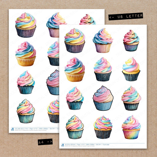 A4 and US Letter format comparison showing Watercolour Rainbow Cupcake fussy cut pages for print and cut crafting