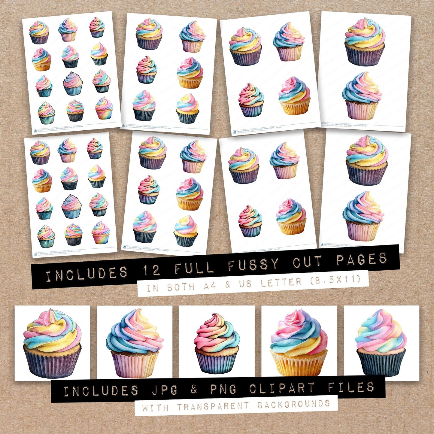Full collection view of Watercolour Rainbow Cupcake fussy cut sheets with bonus clipart JPG and PNG files