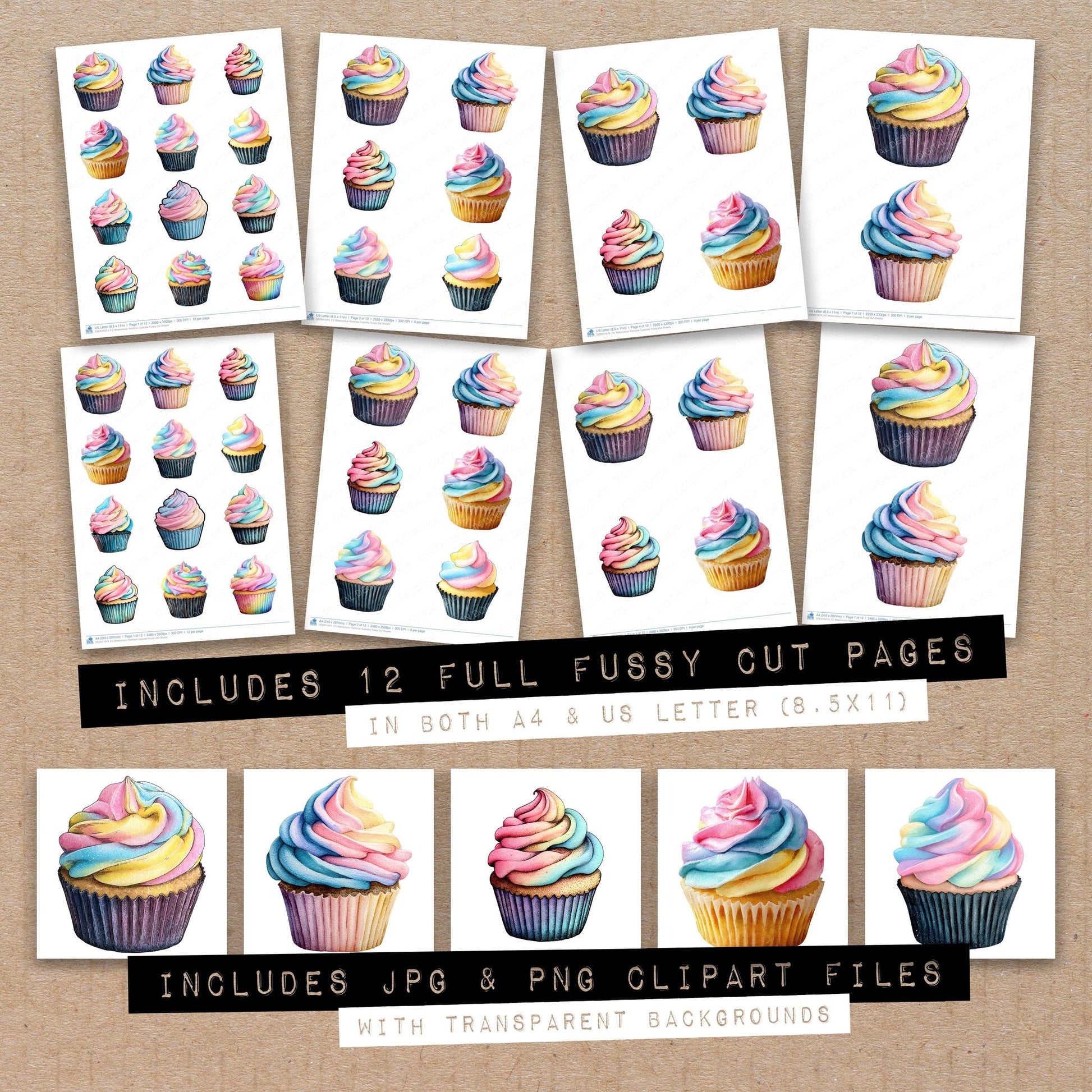 Full collection view of Watercolour Rainbow Cupcake fussy cut sheets with bonus clipart JPG and PNG files