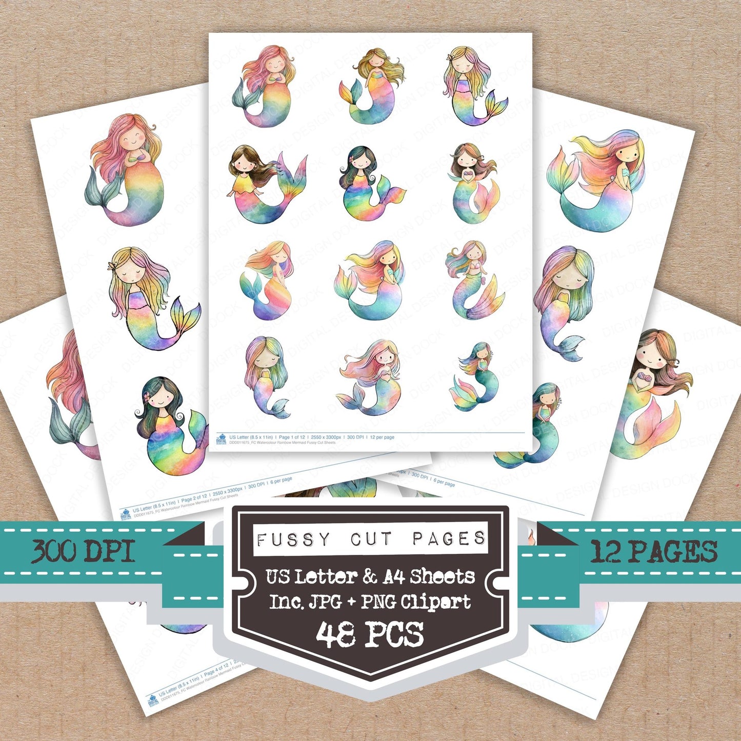Watercolour Rainbow Mermaid fussy cut printable sheets for junk journaling, scrapbooking, and paper craft projects