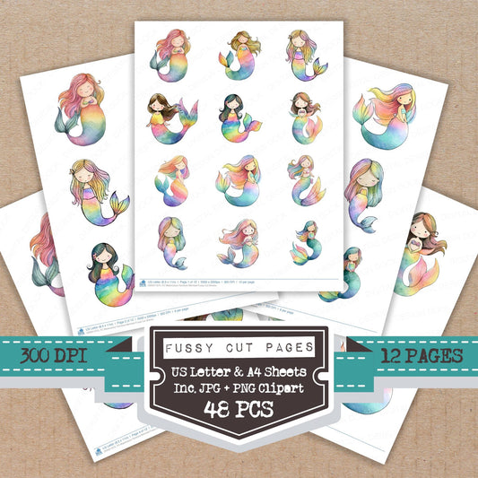 Watercolour Rainbow Mermaid fussy cut printable sheets for junk journaling, scrapbooking, and paper craft projects