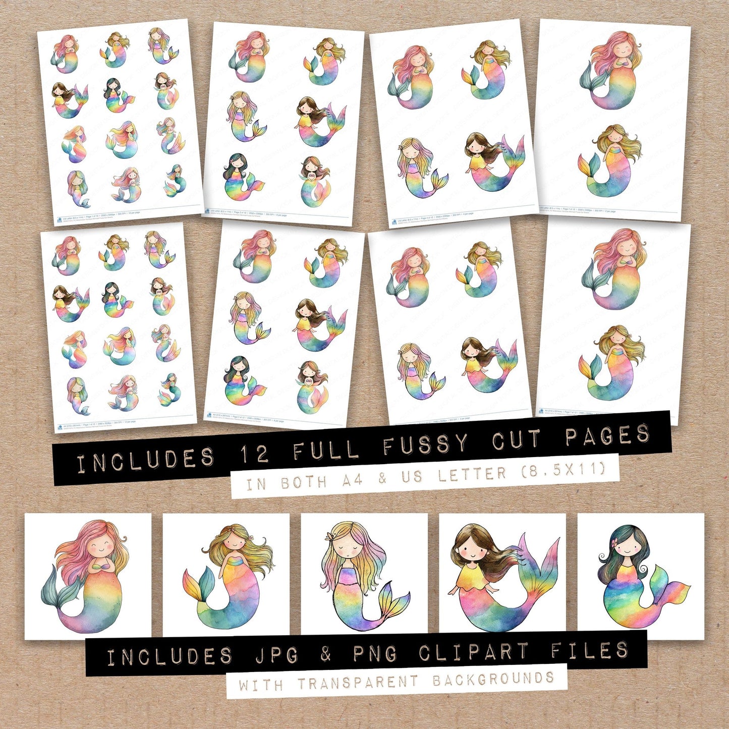 Full collection view of Watercolour Rainbow Mermaid fussy cut sheets with bonus clipart JPG and PNG files