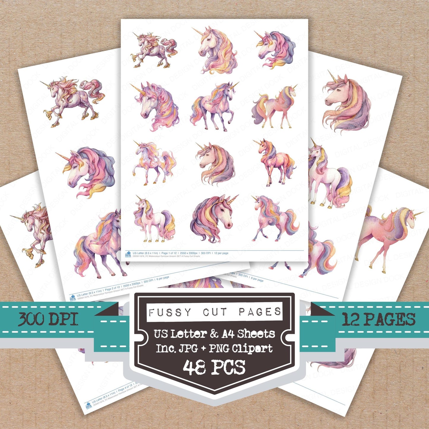 Watercolour Rainbow Unicorn A fussy cut printable sheets for junk journaling, scrapbooking, and paper craft projects