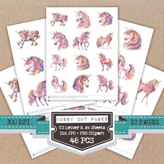 Watercolour Rainbow Unicorn A fussy cut printable sheets for junk journaling, scrapbooking, and paper craft projects