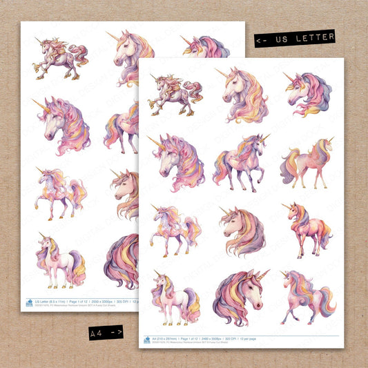 A4 and US Letter format comparison showing Watercolour Rainbow Unicorn A fussy cut pages for print and cut crafting