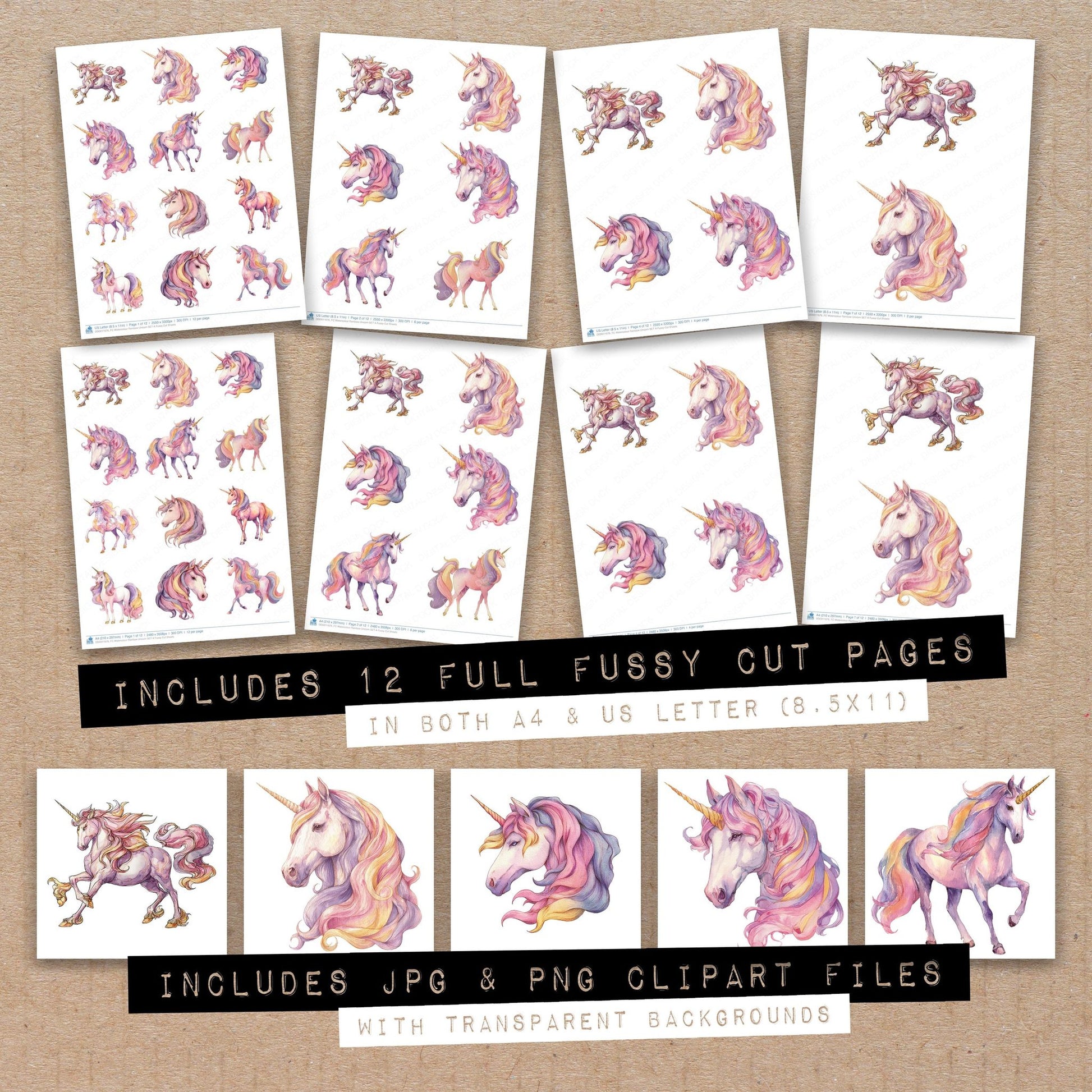 Full collection view of Watercolour Rainbow Unicorn A fussy cut sheets with bonus clipart JPG and PNG files
