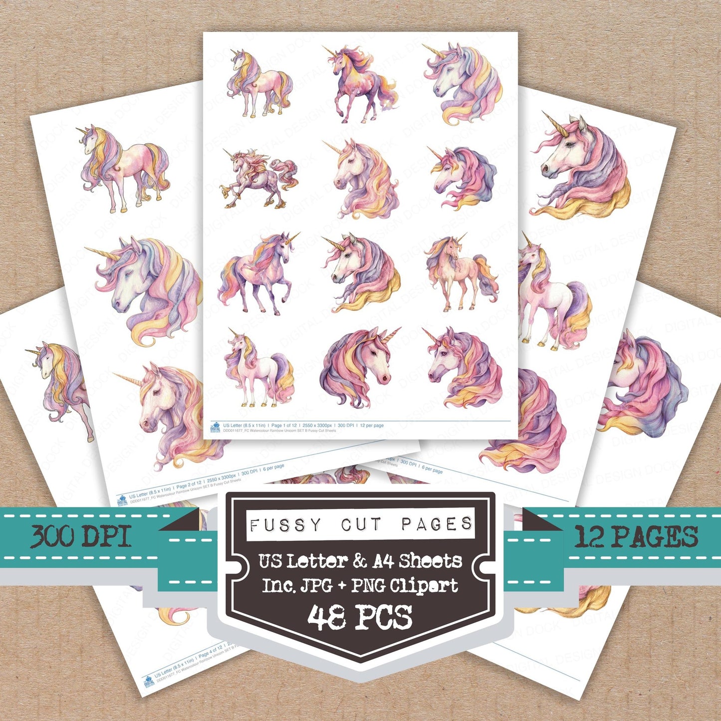 Watercolour Rainbow Unicorn B fussy cut printable sheets for junk journaling, scrapbooking, and paper craft projects