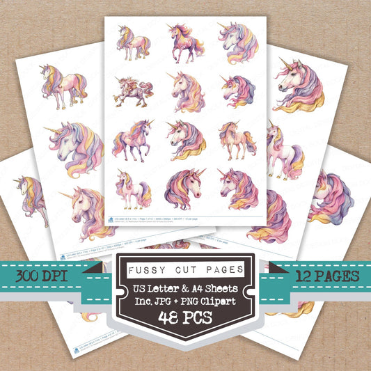Watercolour Rainbow Unicorn B fussy cut printable sheets for junk journaling, scrapbooking, and paper craft projects
