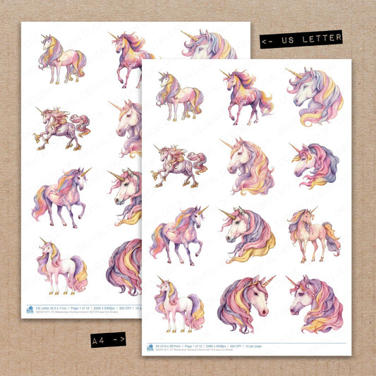 A4 and US Letter format comparison showing Watercolour Rainbow Unicorn B fussy cut pages for print and cut crafting