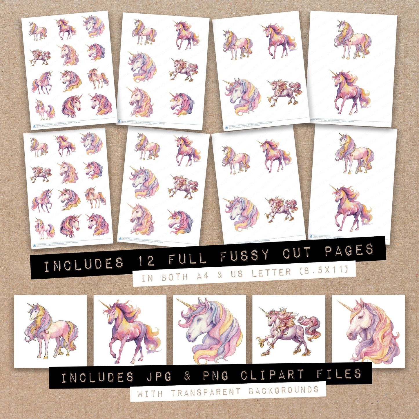 Full collection view of Watercolour Rainbow Unicorn B fussy cut sheets with bonus clipart JPG and PNG files