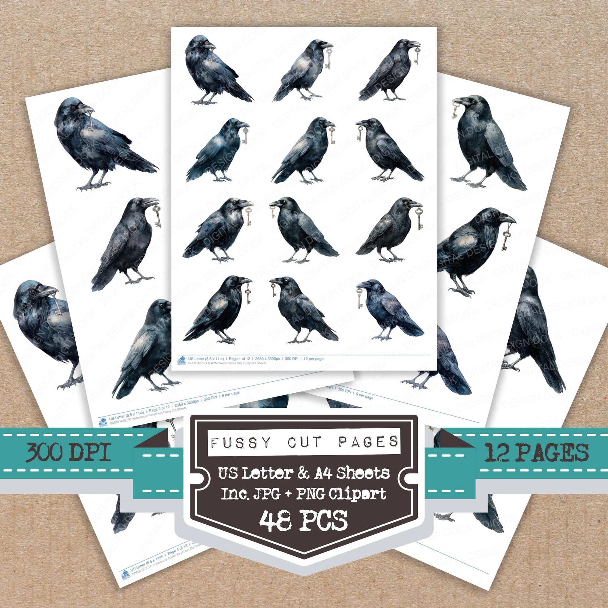 Watercolour Raven Key fussy cut printable sheets for junk journaling, scrapbooking, and paper craft projects
