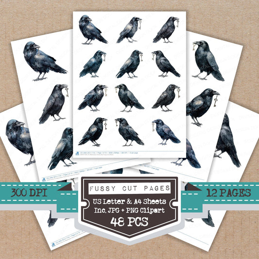 Watercolour Raven Key fussy cut printable sheets for junk journaling, scrapbooking, and paper craft projects