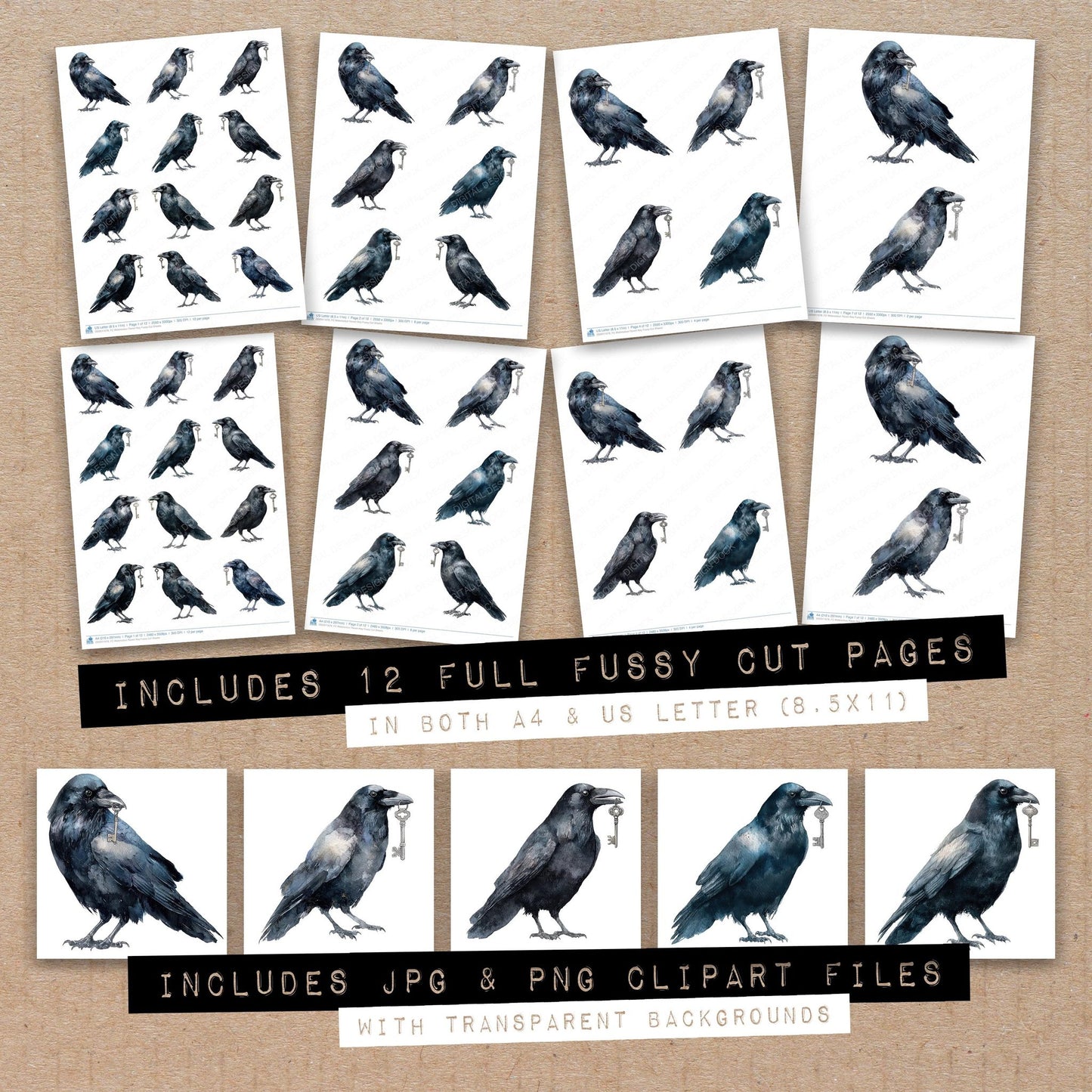 Full collection view of Watercolour Raven Key fussy cut sheets with bonus clipart JPG and PNG files
