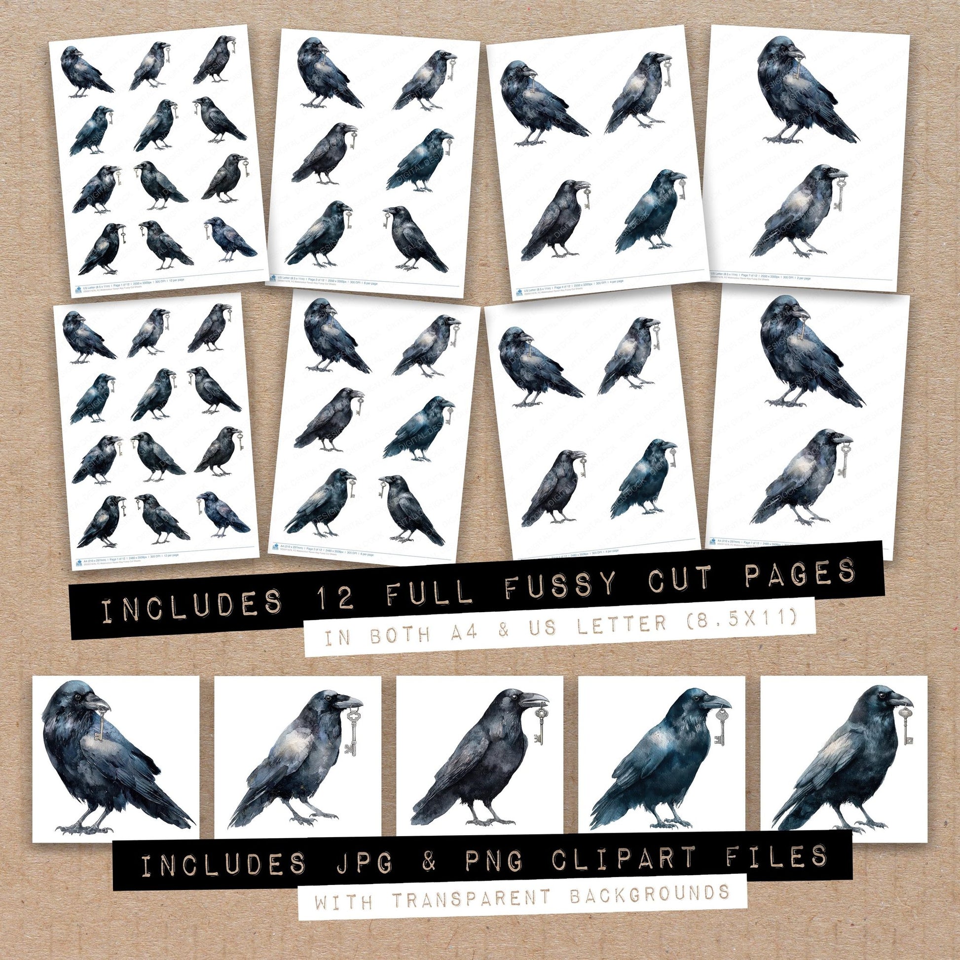Full collection view of Watercolour Raven Key fussy cut sheets with bonus clipart JPG and PNG files