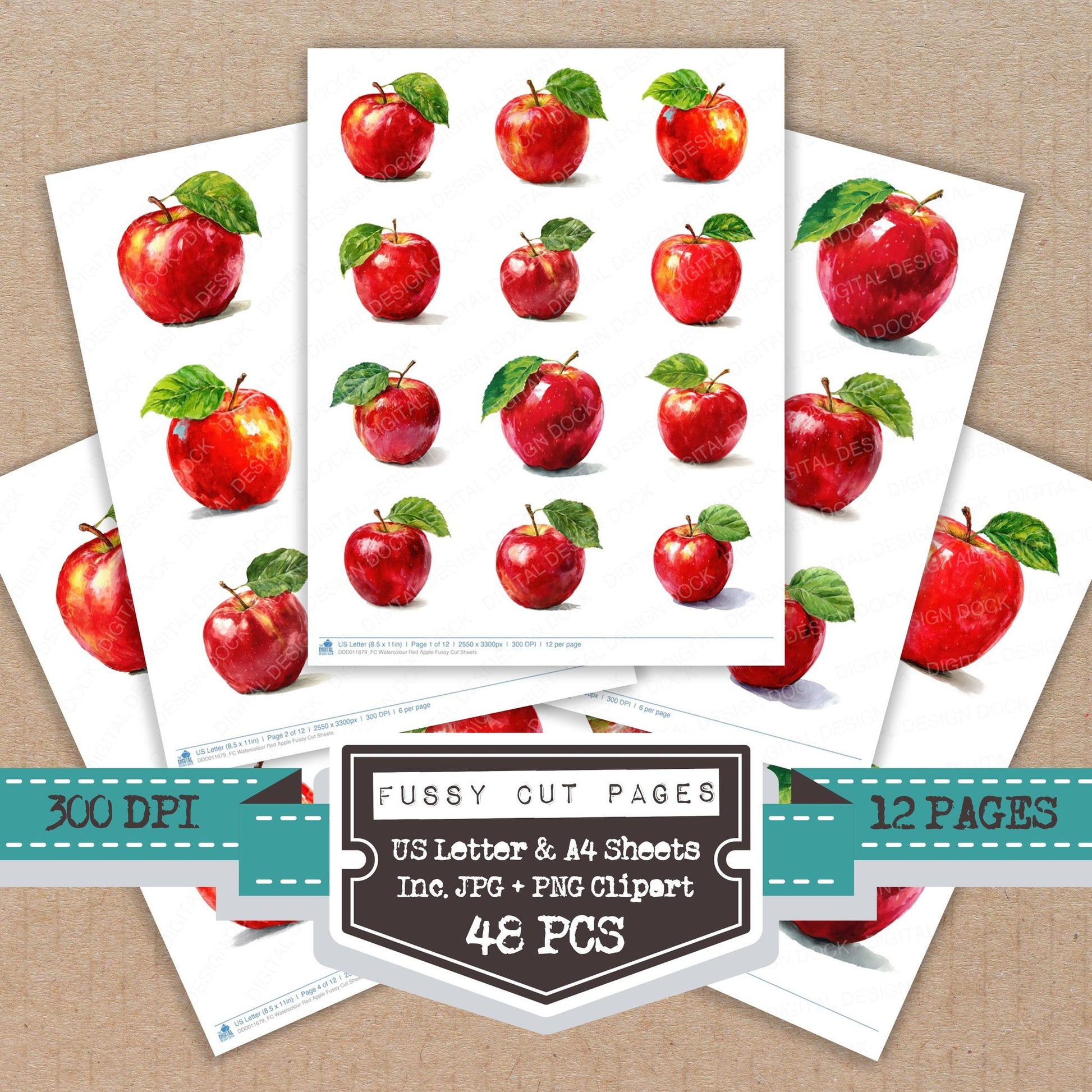 Watercolour Red Apple fussy cut printable sheets for junk journaling, scrapbooking, and paper craft projects