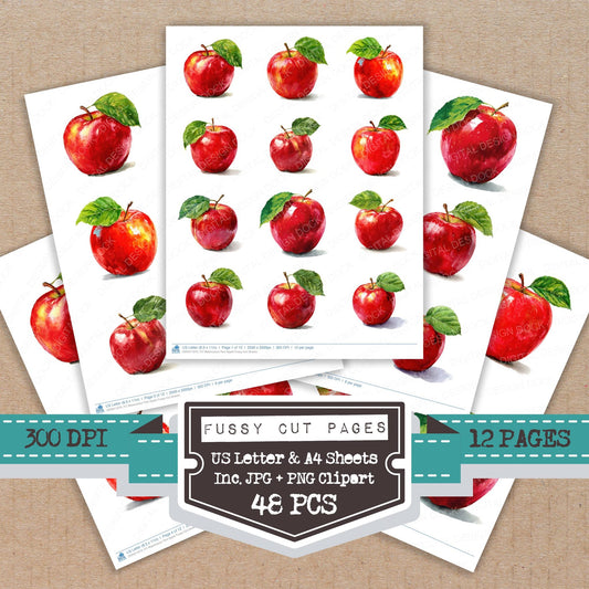 Watercolour Red Apple fussy cut printable sheets for junk journaling, scrapbooking, and paper craft projects
