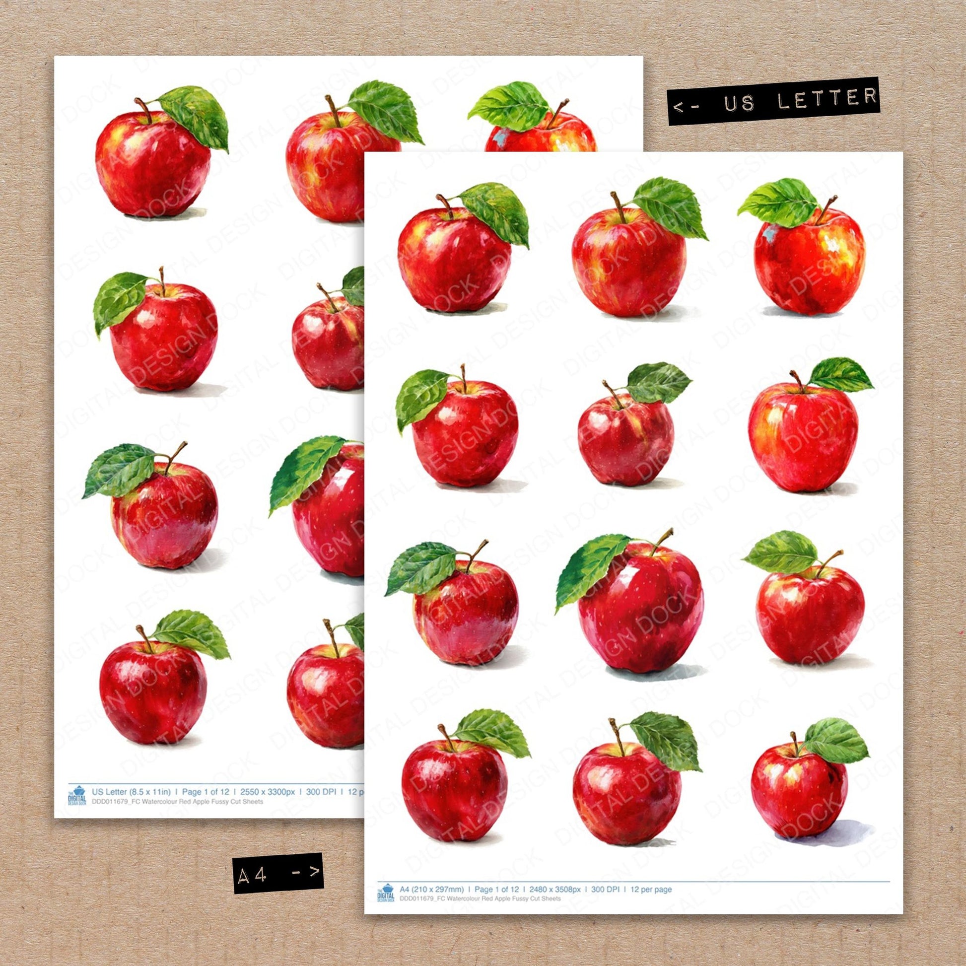 A4 and US Letter format comparison showing Watercolour Red Apple fussy cut pages for print and cut crafting