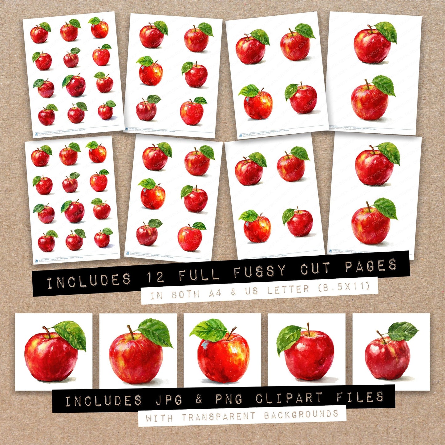 Full collection view of Watercolour Red Apple fussy cut sheets with bonus clipart JPG and PNG files