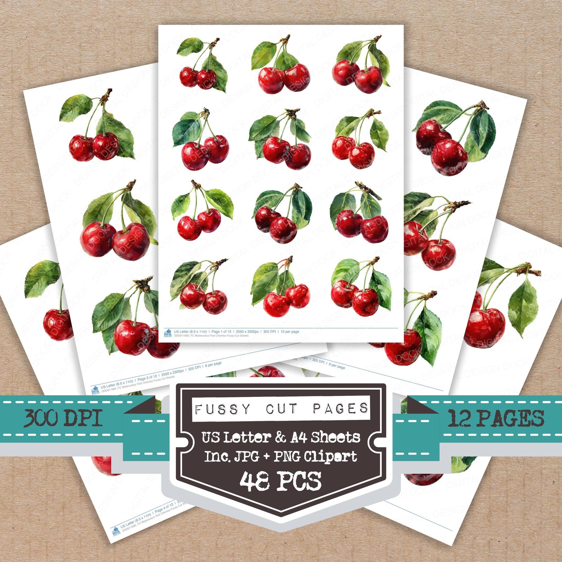 Watercolour Red Cherries fussy cut printable sheets for junk journaling, scrapbooking, and paper craft projects