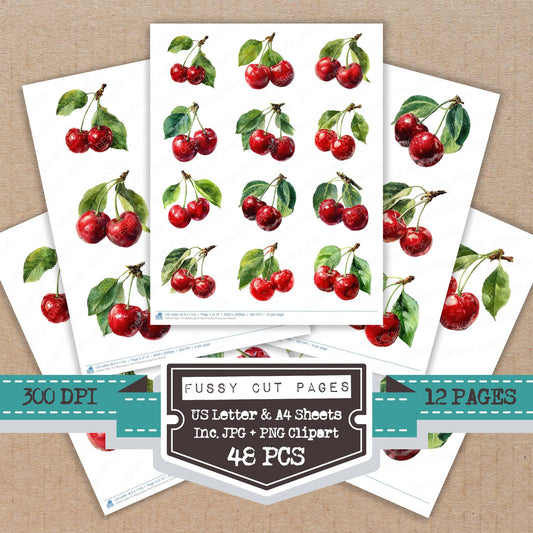 Watercolour Red Cherries fussy cut printable sheets for junk journaling, scrapbooking, and paper craft projects