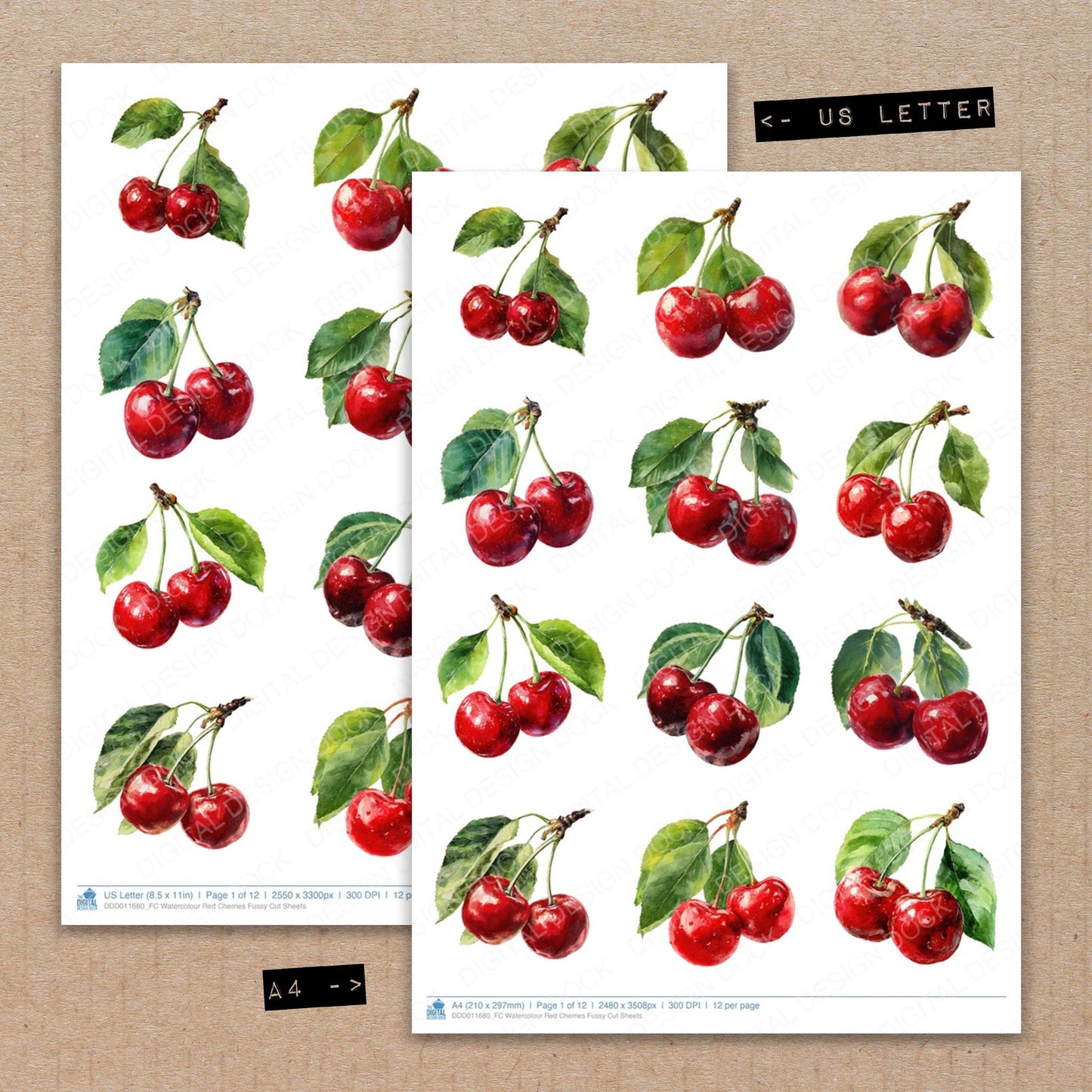 A4 and US Letter format comparison showing Watercolour Red Cherries fussy cut pages for print and cut crafting
