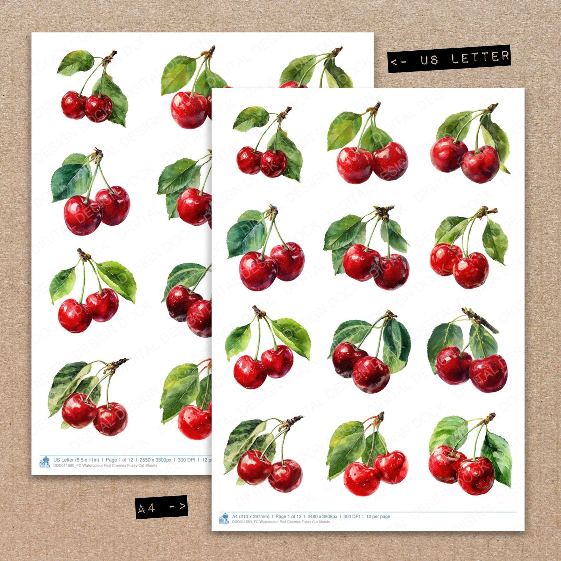 A4 and US Letter format comparison showing Watercolour Red Cherries fussy cut pages for print and cut crafting