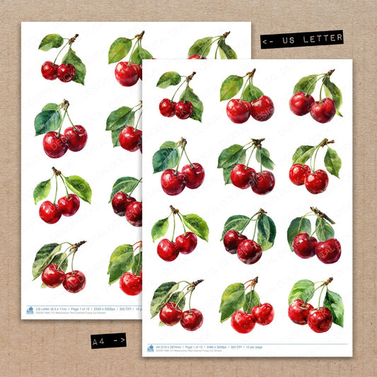 A4 and US Letter format comparison showing Watercolour Red Cherries fussy cut pages for print and cut crafting