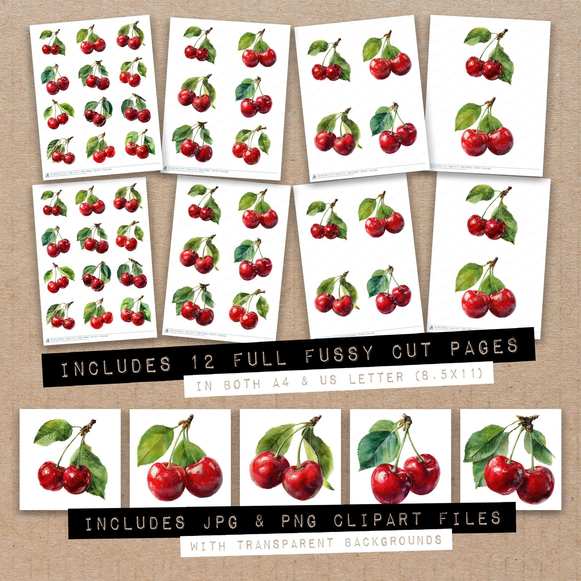 Full collection view of Watercolour Red Cherries fussy cut sheets with bonus clipart JPG and PNG files