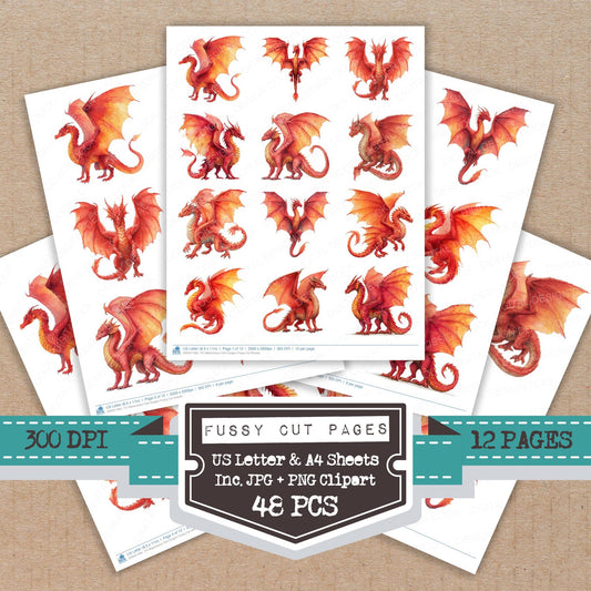 Watercolour Red Dragon fussy cut printable sheets for junk journaling, scrapbooking, and paper craft projects