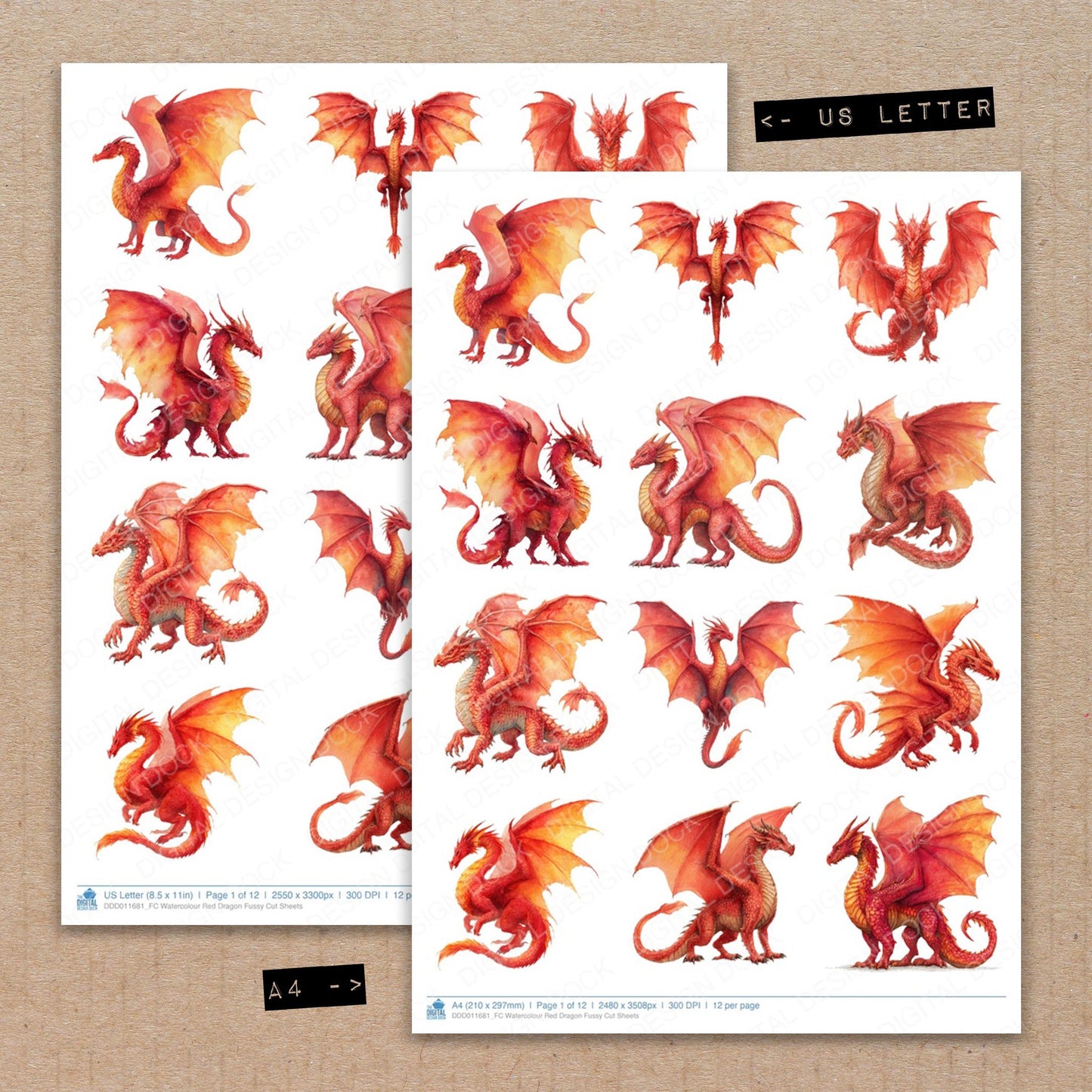 A4 and US Letter format comparison showing Watercolour Red Dragon fussy cut pages for print and cut crafting
