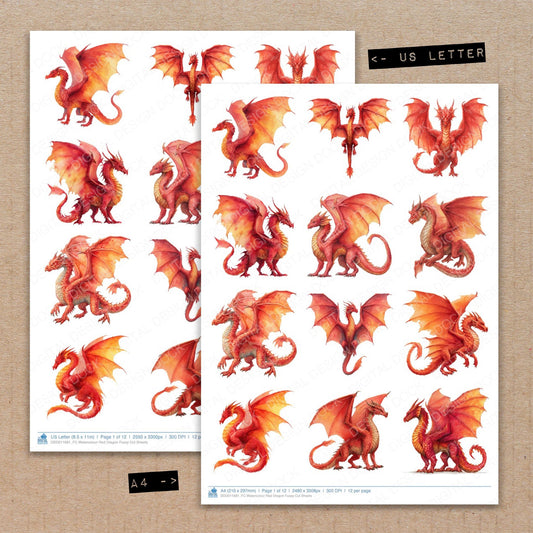 A4 and US Letter format comparison showing Watercolour Red Dragon fussy cut pages for print and cut crafting