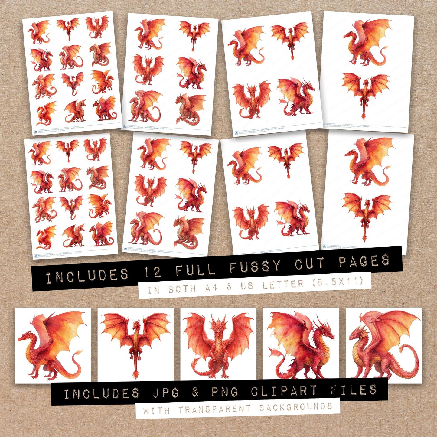 Full collection view of Watercolour Red Dragon fussy cut sheets with bonus clipart JPG and PNG files