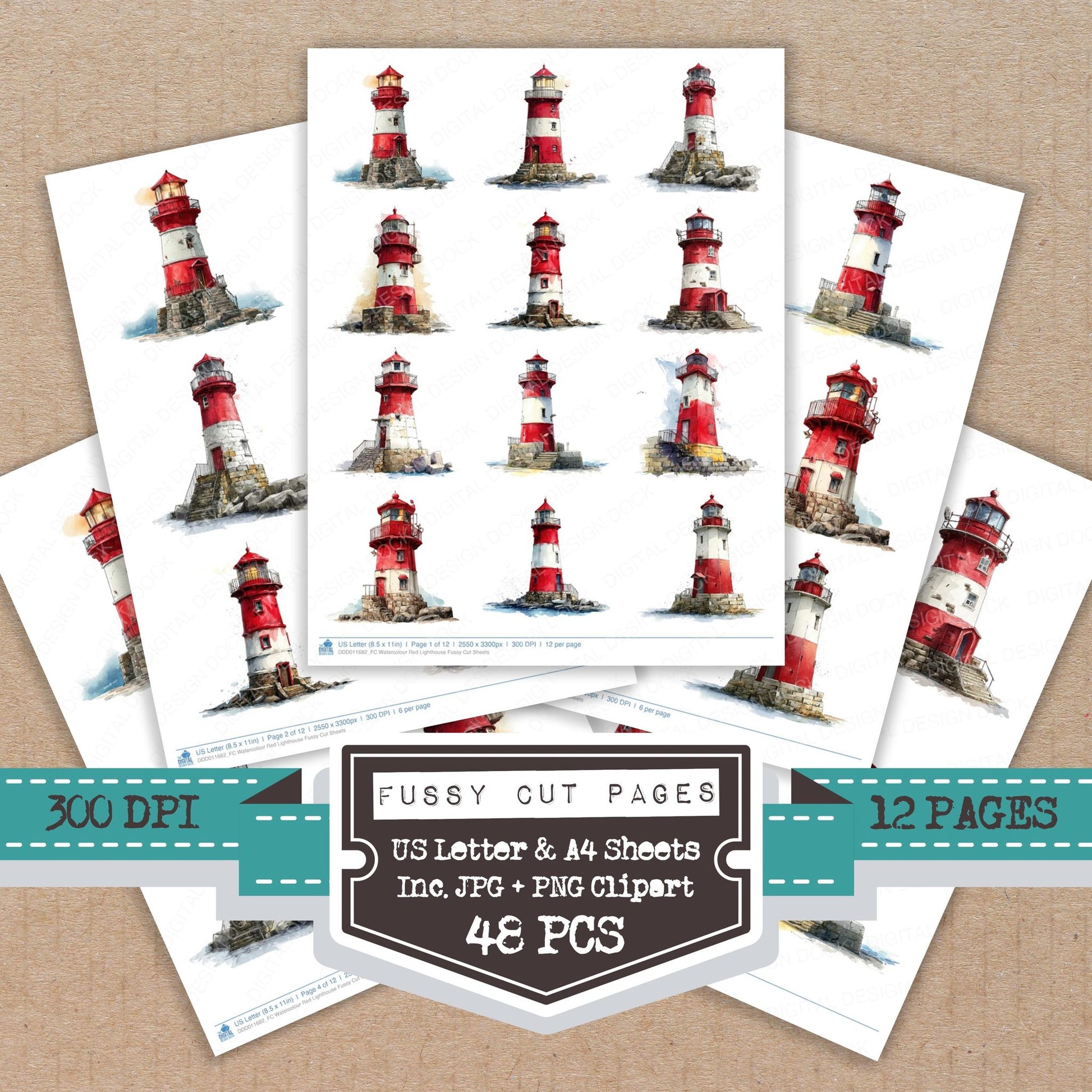 Watercolour Red Lighthouse fussy cut printable sheets for junk journaling, scrapbooking, and paper craft projects