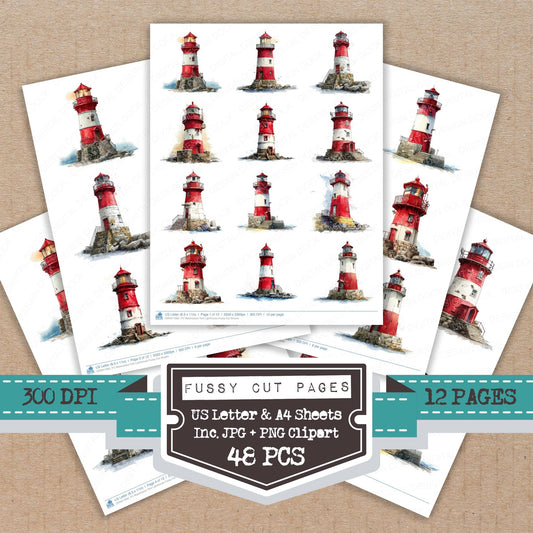 Watercolour Red Lighthouse fussy cut printable sheets for junk journaling, scrapbooking, and paper craft projects
