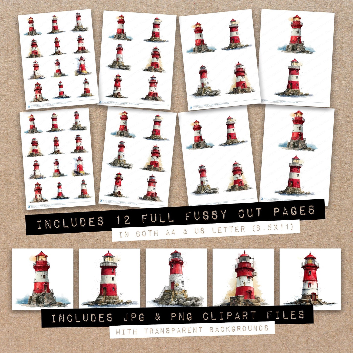 Full collection view of Watercolour Red Lighthouse fussy cut sheets with bonus clipart JPG and PNG files